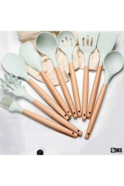 SIKS Premium Kitchen Utensil Set, 13 Pieces Made of Wood and Food Grade Silicone, Heat Resistant
