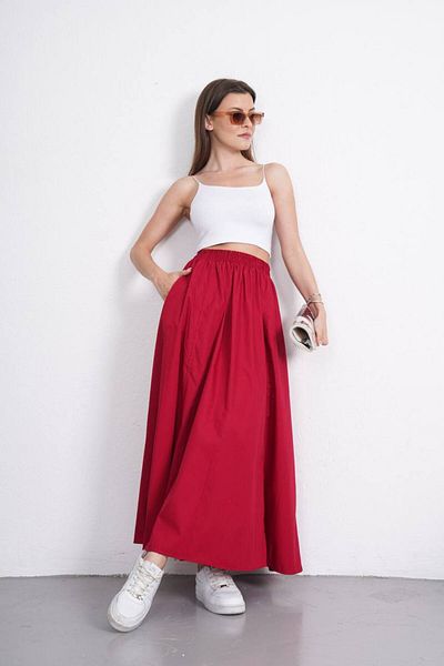 Gülmude Long Double Pockets Elastic Waist Cotton Anti-Sweat Fabric Flared Skirt Length (90) cm