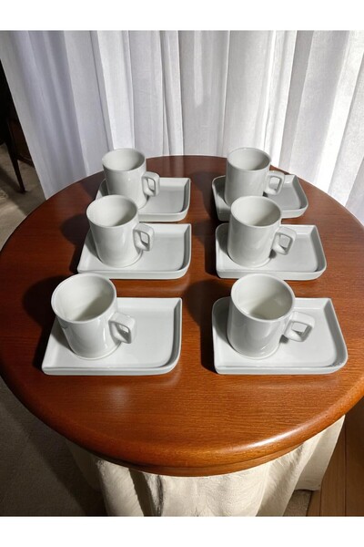 NERİVA PORSELEN 6'lı Beyaz Porselen Kahve Fincan Takımı | Kare Tabaklı Espresso ve Türk Kahvesi Seti