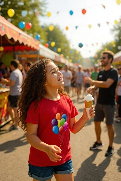 Windy Island Children's Crew Neck Unisex Flying Balloons Printed T-Shirt
