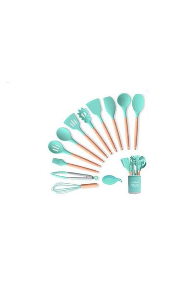 SIKS ® kitchen cooking utensils, 13 pieces, non-stick, silicone with wooden handle