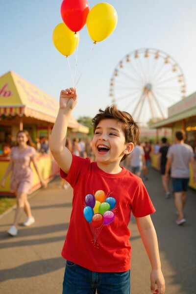 Windy Island Children's Crew Neck Unisex Flying Balloons Printed T-Shirt