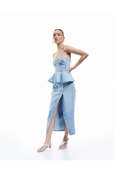Koton Nou sezon, cu detaliu de nasturi, cu fantă, talie normală, slim fit, fustă creion din denim midi