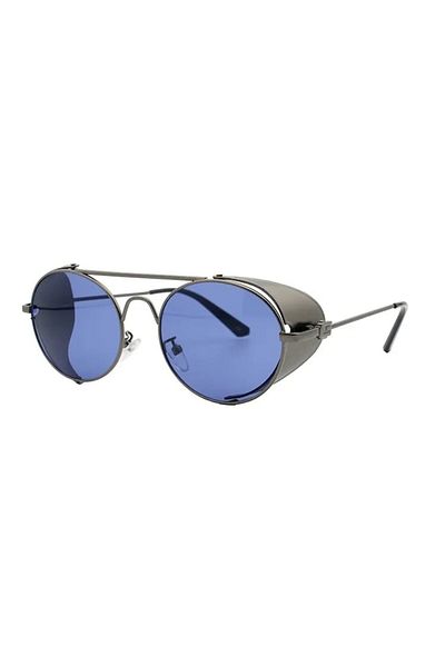 Tessero Round SteamPunk Vintage Slim Sunglasses, Blue Lens, Side Protection, UV400, Unisex, Silver