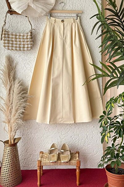 Ceylan Otantik Tereyağ Sarısı Duck Keten Tek Düğmeli Etek