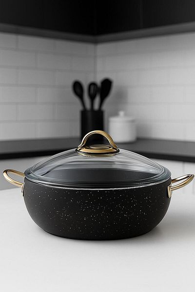 YUNUSOĞLU HOME Granite Pot 20 cm – 2.5 Liter, Gold Handle, Fireproof Non-Stick, Glass Lid