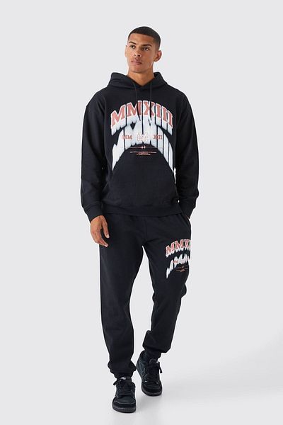 Boi MMXIII Tracksuit Set - Black Printed Set Jogger Sweatshirt Rubber Leg Hooded