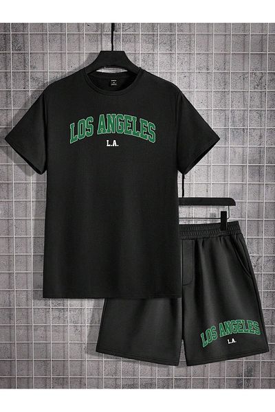 Boi Los Angeles La T-Shirt Shorts - Black Shorts T-Shirt Bottom Top Set Printed Crew Neck
