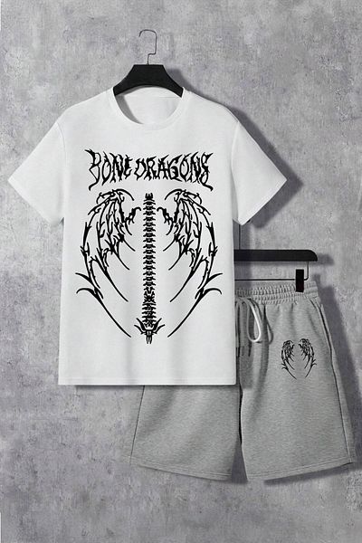 Boi Bone Dragons T-Shirt Shorts - White Gray Shorts T-Shirt Top and Bottom Set Printed Crew Neck