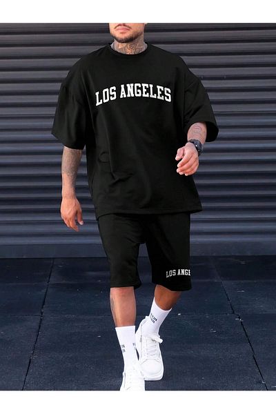 Boi Los Angeles T-Shirt Shorts Combo Set - Black Printed Oversized Crew Neck