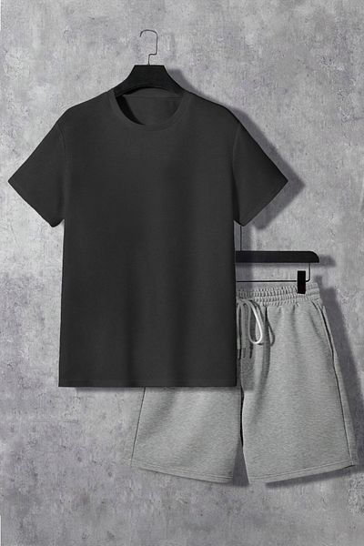 Boi Basic Plain T-Shirt Shorts - Black Gray Shorts T-Shirt Bottom Top Set Crew Neck
