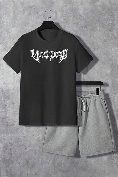 Boi Pattern T-Shirt Shorts - Black Grey Shorts T-Shirt Bottom Top Set Printed Crew Neck