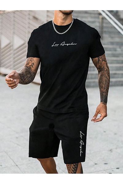 Boi Los Angeles Handwritten T-Shirt Shorts - Black Shorts T-Shirt Bottom Top Set Printed Crew Neck