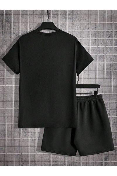 Boi New York American T-Shirt Shorts - Black Shorts T-Shirt Top Bottom Set Printed Crew Neck