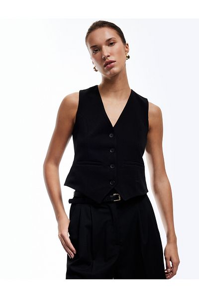 Koton New Season Crepe Scuba Fabric Lined Slim Fit V-Neck Sleeveless Buttoned Vest