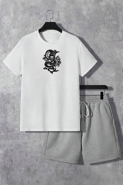 Boi Dragon T-Shirt Shorts - White Grey Shorts T-Shirt Bottom Top Set Printed Crew Neck