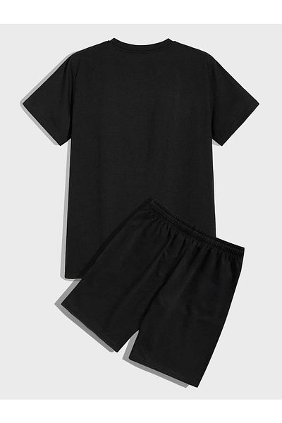 Boi Nasa Design T-Shirt Shorts - Black Shorts T-Shirt Top and Bottom Set Printed Crew Neck