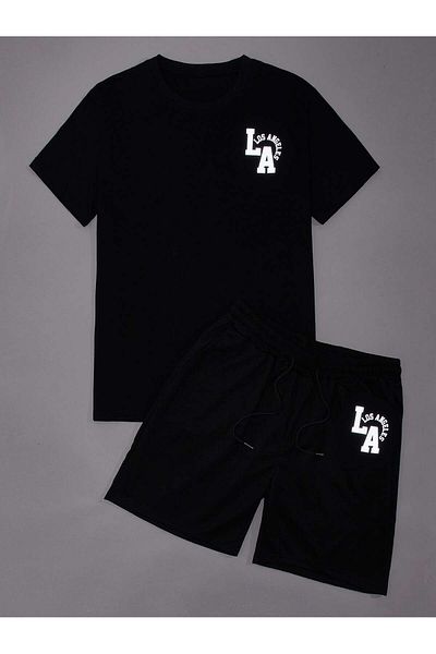 Boi La Los Angeles T-Shirt Shorts - Black Shorts T-Shirt Bottom Top Set Printed Crew Neck