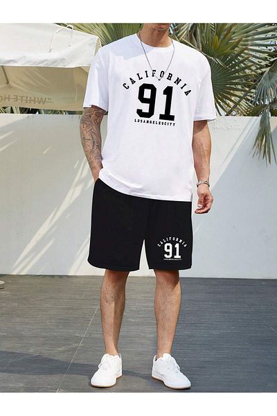 Boi California 91 T-Shirt Shorts - White Black Shorts T-Shirt Bottom Top Set Printed Crew Neck