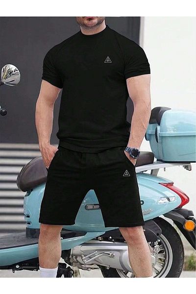 Boi Triangle UFO Logo T-Shirt Shorts - Black Shorts T-Shirt Bottom Top Set Printed Crew Neck