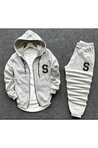 Boi EL-Sİ New Season Winter Gray Color Zippered Jacket Printed Hooded Jacket Unisex Tracksuit Set