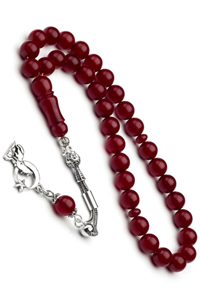 OTTOTESBİH Rozariu din chihlimbar cu sertizare de 9 mm, cu design Bozkurt cu ciucuri de argint certificat