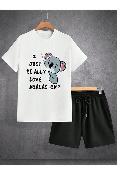 Boi Koala T-Shirt Shorts - White with Black Shorts T-Shirt Top and Bottom Set Printed Crew Neck