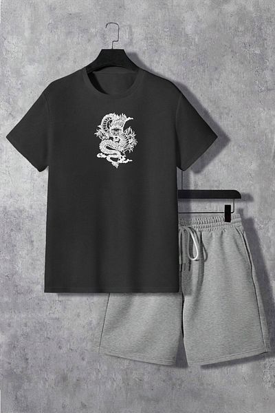 Boi Dragon T-Shirt Shorts - Black Grey Shorts T-Shirt Bottom Top Set Printed Crew Neck