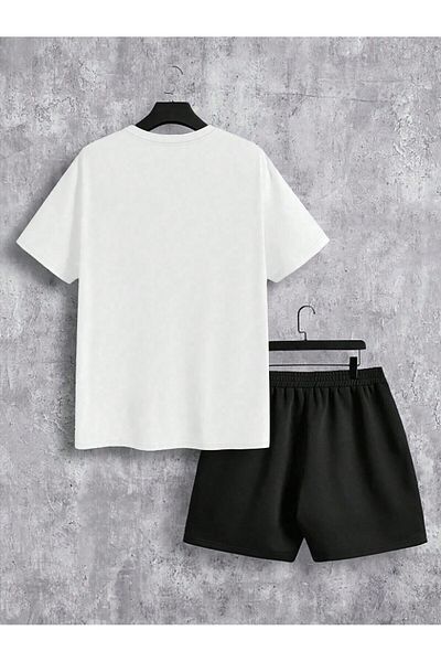 Boi Palmiye Design T-Shirt Shorts - White Black Shorts T-Shirt Bottom Top Set Printed Crew Neck
