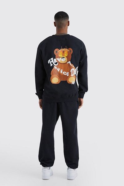 Boi Flame-Eyed Bear Tracksuit Set - Black Printed Suit Jogger Sweatshirt Elastic Leg Crew Neck