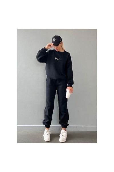 Boi Ugly Tracksuit Set - Black Printed Suit Jogger Sweatshirt Elastic Leg Crew Neck