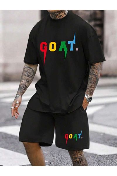 Boi Goat Shorts T-Shirt - Black Printed Bottom Top Set Crew Neck