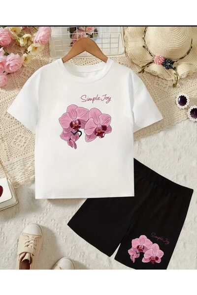 Renna Mood Girl's White-Black Simple Joy Floral Printed Shorts-Tshirt Set