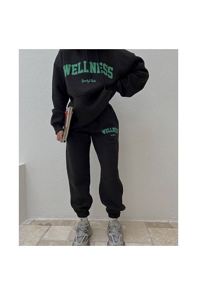 Boi Wellnes Tracksuit Set - Black Printed Suit Jogger Sweatshirt Rubber Leg Hooded