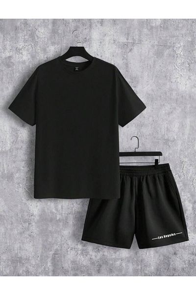 Boi Los Angeles Stripe Line T-Shirt Shorts - Black Shorts T-Shirt Bottom Top Set Printed Crew Neck
