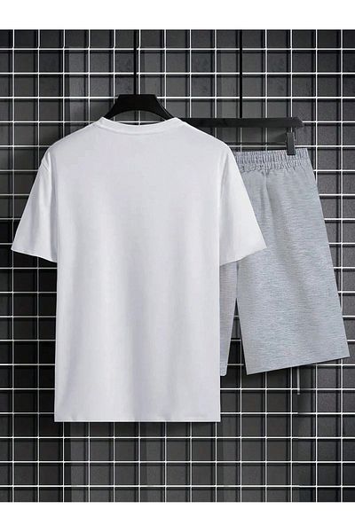 Boi California West Coast T-Shirt Shorts - White Gray Shorts T-Shirt Top Bottom Set Printed Crew Neck