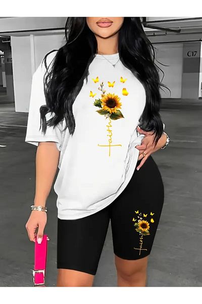 Boi Women's Sunflower Printed Combed Cotton T-Shirt, Diver Fabric Leggings Suit Combination (Leggings T-Shirt Suit)