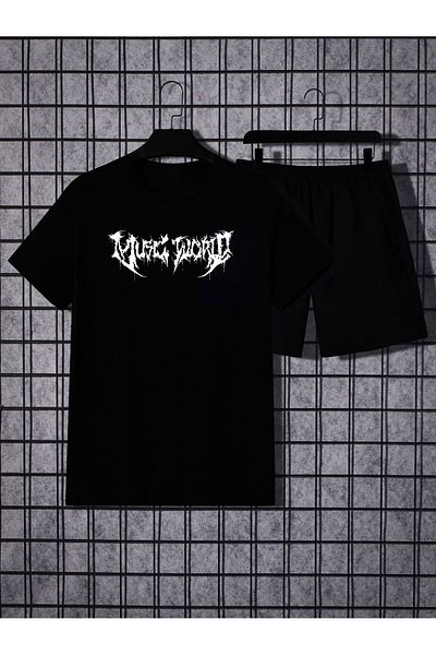 Boi Pattern T-Shirt Shorts - Black Shorts T-Shirt Bottom Top Set Printed Crew Neck
