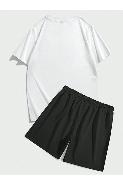 Boi Love Eye T-Shirt Shorts Combination Set 2 Pieces - White Black Printed Oversize Crew Neck