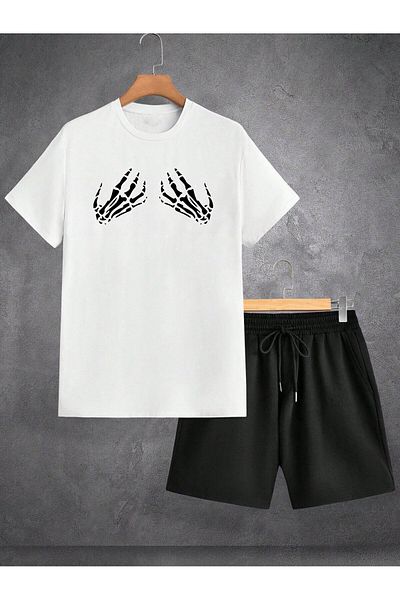 Boi Skeleton Hand Y2k T-Shirt Shorts - White with Black Shorts T-Shirt Bottom Top Set Printed Crew Neck