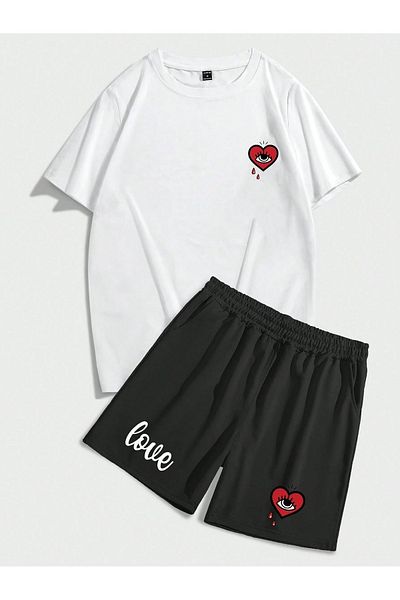 Boi Love Eye T-Shirt Shorts Combination Set 2 Pieces - White Black Printed Oversize Crew Neck