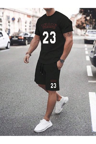Boi Miami 23 T-Shirt Shorts Combo Set - Black Printed Oversized Crew Neck