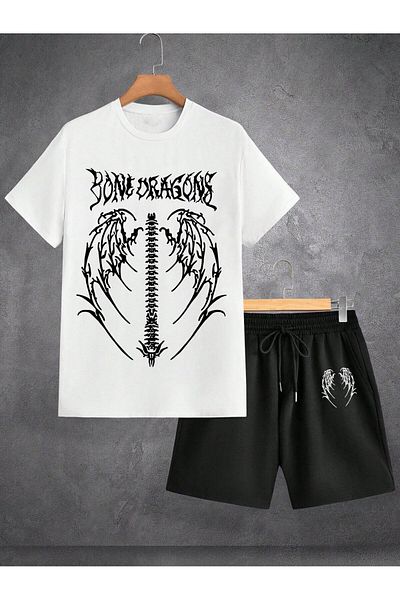 Boi Bone Dragons T-Shirt Shorts - White with Black Shorts T-Shirt Top and Bottom Set Printed Crew Neck