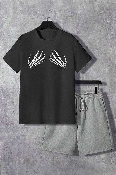 Boi Skeleton Hand Y2k T-Shirt Shorts - Black Gray Shorts T-Shirt Bottom Top Set Printed Crew Neck