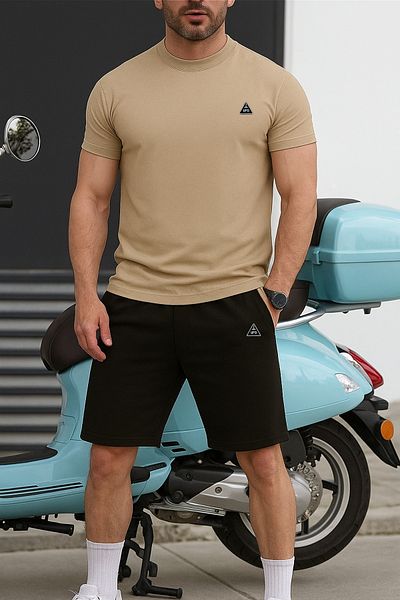 Boi Triangle Ufo Logo T-Shirt Shorts - Beige with Black Shorts t Shirt Bottom Top Team Printed Crew Neck