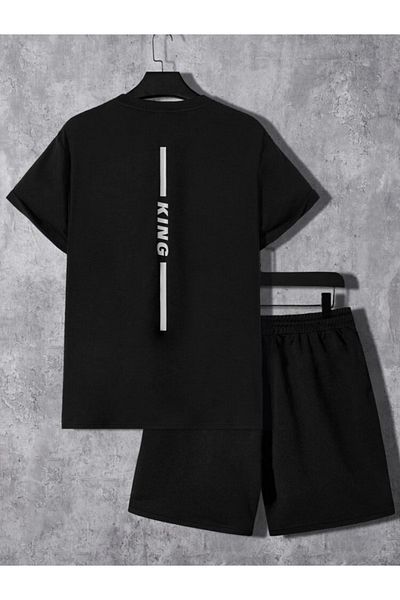 Boi King Stripe Line T-Shirt Shorts - Black Shorts T-Shirt Bottom Top Set Printed Crew Neck