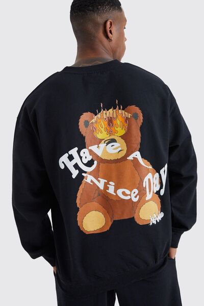 Boi Flame-Eyed Bear Tracksuit Set - Black Printed Suit Jogger Sweatshirt Elastic Leg Crew Neck