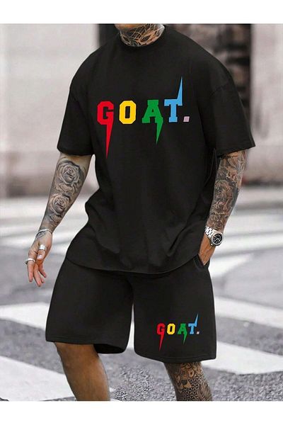 Boi Goat. T-Shirt Shorts Combination Set - Black Printed Oversize Crew Neck