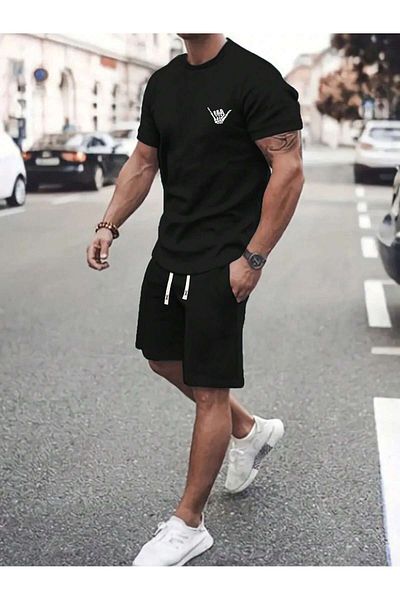 Boi Mini Skeleton Hand T-Shirt Shorts - Black Shorts T-Shirt Bottom Top Set Printed Crew Neck