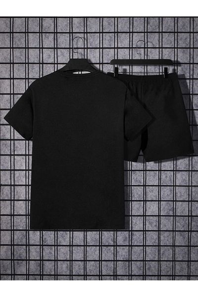 Boi Colorful Face T-Shirt Shorts Combination Set - Black Printed Oversize Crew Neck